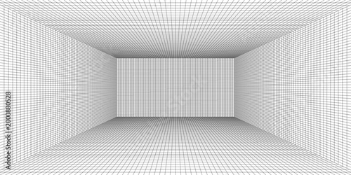 Room projection grid in futuristic 3d style. Outline futuristic grid background, room projection. Wireframe grid template in perspective view