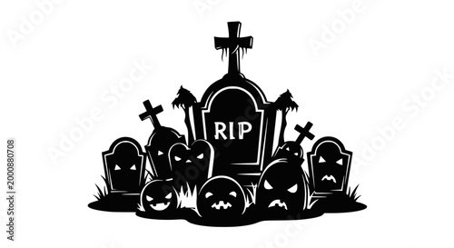 Foto Halloween graveyard with pumpkins and tombstones, spooky night scene