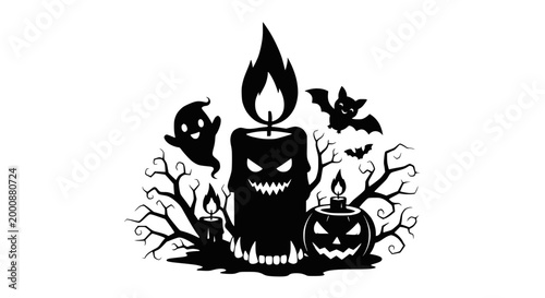 Foto Halloween Spooky Silhouette: Candle, Pumpkin, Ghost, Bat, Trees