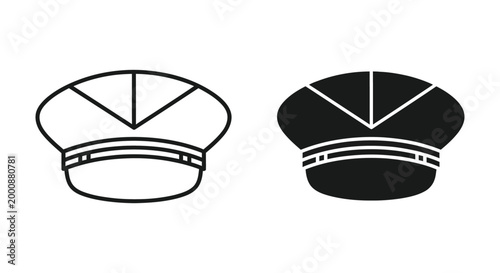 Set of two pilot caps, outline and silhouette icons, vector illustration of a military or airline captain hat