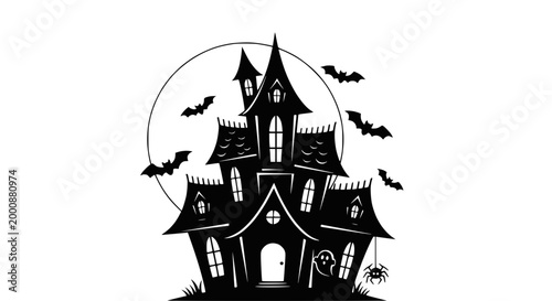 Spooky Haunted Mansion Silhouette with Bats and Spider