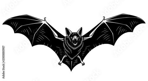 Black Bat Flying with Open Wings Silhouette, Scary Halloween Symbol