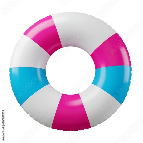 Colorful inflatable life preserver ring with pink blue white sections water safety floatation device safety equipment water sports beach day