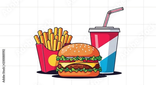 Illustration of a cheeseburger with fries and a soft drink, a colorful illustration of a cheeseburger with a side of fries and a soft drink, colorful