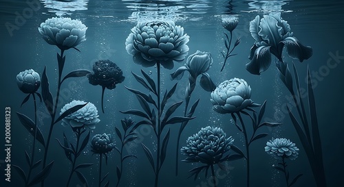 Underwater scene with blue flowers and ripples, underwater