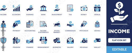 Income editable solid icon set. Containing economy, bank, investment, money, tax, earnings, bonus, payment, accounting, paycheck, work, pension and more vector illustration icons collection.