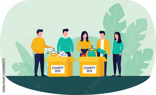 Volunteers Sorting Donations into Charity Boxes Community Support and Social Help Concept Illustration