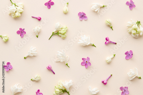 Scattered lilac flowers and petals on beige background, flat lay pattern