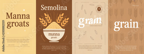 Grain Product Packaging Poster Set with Semolina Manna Groats Wheat Labels and Minimal Organic Food Branding Templates