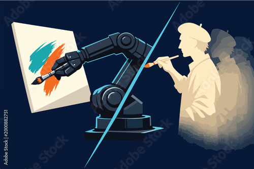 Artificial Intelligence Replacing Creativity Concept with Robot Hand Painting While Human Artist Fades Away Symbolizing Automation Impact on Creative Jobs Illustration