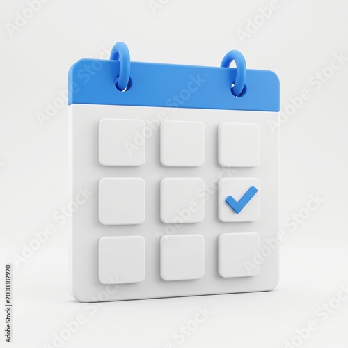 3d calendar icon with a checkmark denoting a completed task on a white background render.