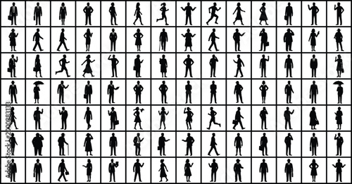 Business people silhouette mega collection with walking standing running corporate men and women set