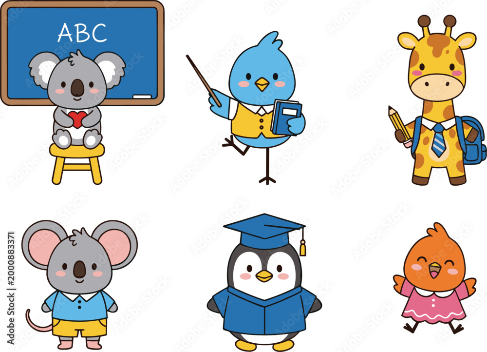 Obraz premium Cute Animal Characters with School Accessories for Kids Education, Learning, and Classroom-Themed Designs