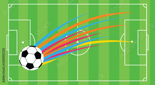 Soccer ball with colorful motion trails flying over a green soccer field