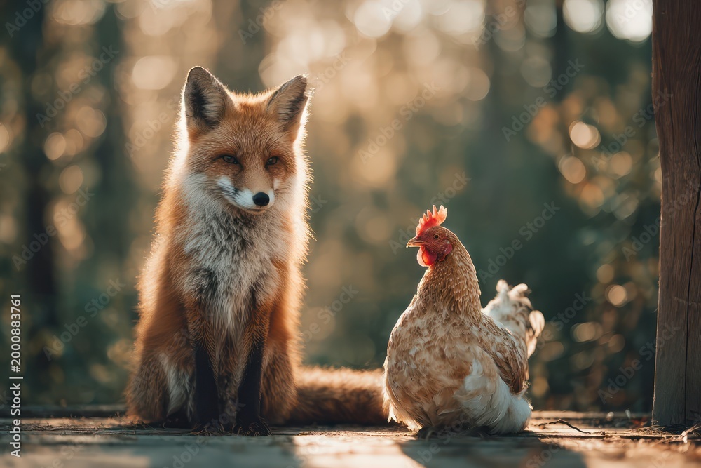 Fototapeta premium Wild fox and domestic chicken sitting together