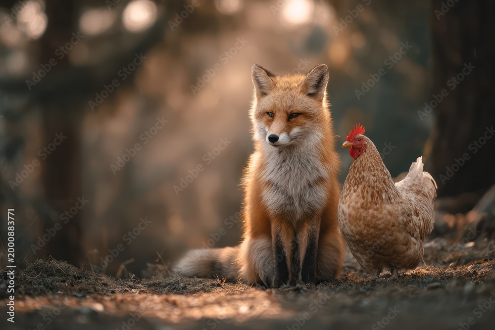 Fototapeta premium Unexpected harmony of fox and chicken outside