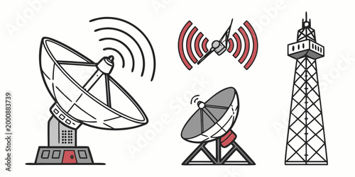 Communication technology icons set featuring satellite dishes and transmission tower satellite communication technology transmission broadcast telecommunication connection broadcasting