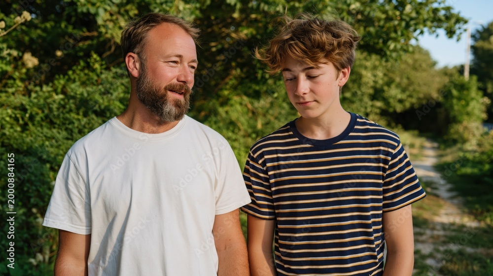 Obraz premium A bearded father in a white t-shirt walks beside his teenage son outdoors