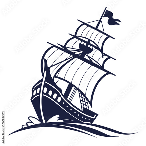 Tall ship sailing on waves nautical illustration with sea travel nautical silhouette maritime navigation transport exploration adventure isolated background historical discovery seafaring