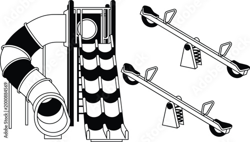 Playground Equipment Set Featuring Tunnel Slide Climbing Structure and Seesaw Outdoor Kids Play Vector Illustration