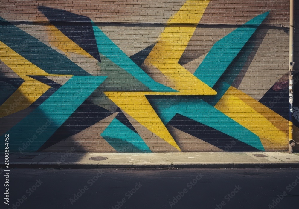 Fototapeta premium Abstract geometric street art mural on a brick wall
