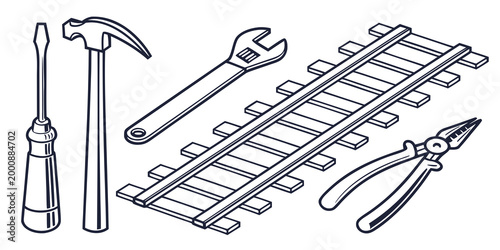 Rail track maintenance tools isometric illustration with maintenance railroad construction isometric industry engineering infrastructure equipment hardware transportation technical building