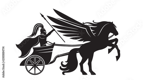 Knight carriage with Pegasus winged horse pulling chariot silhouette in black and white line art for fantasy banners
