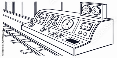 Industrial railway control dashboard station console illustration with dashboard industry technology infrastructure transportation logistics automation engineering technical equipment