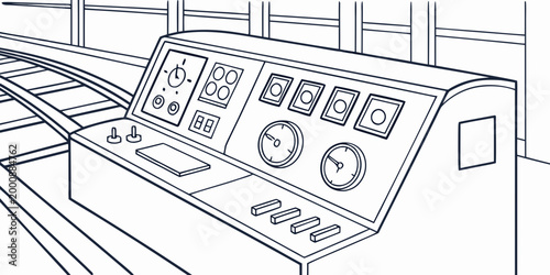 Train station dispatch control console tower graphic with dashboard dispatch industry technology infrastructure transportation logistics automation engineering technical equipment mechanism