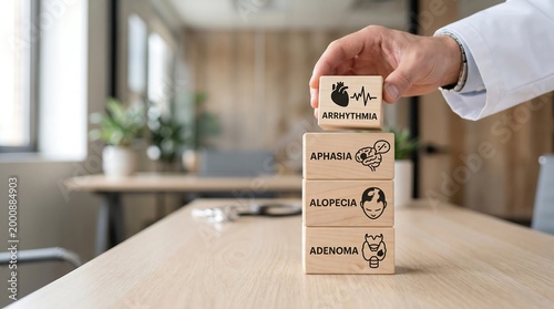 Medical professional building blocks with health conditions on a wooden table in office