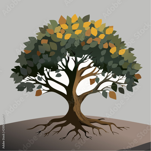 Stylized Tree with Visible Roots and Autumn Leaves, a Beautiful Representation of Nature's Cycle and Growth