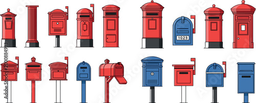 Set of Red and Blue Mailboxes with Different Designs and Shapes, Vector Illustration for Websites, Apps, and Digital Media Projects