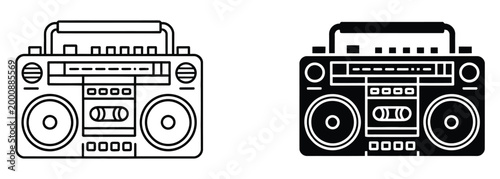 

Boombox retro audio device icon, classic portable stereo design with speakers and cassette deck, clean vector illustration