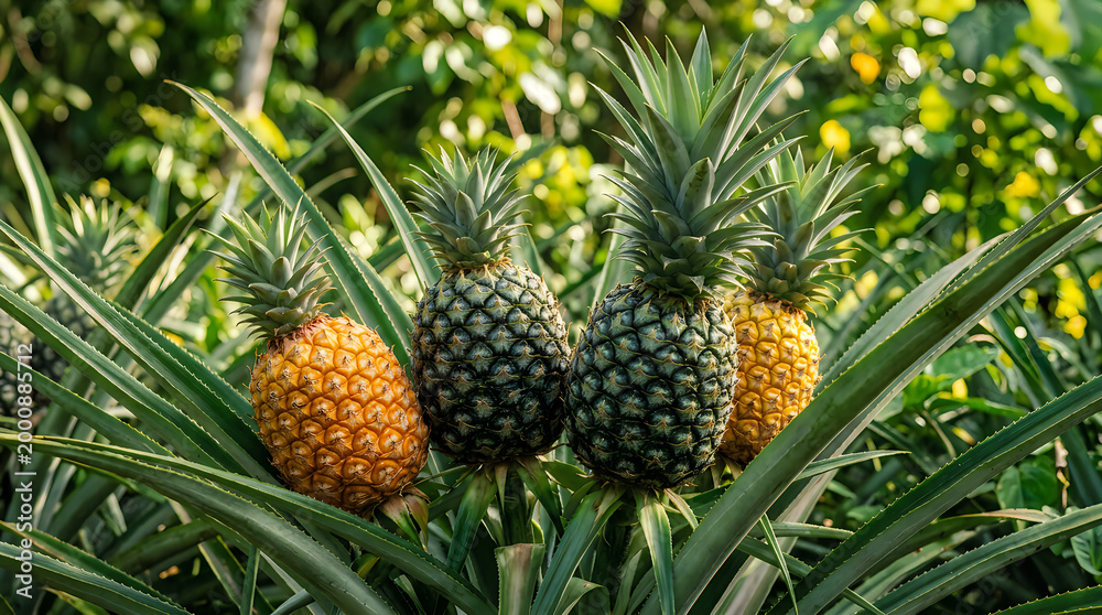 Obraz premium Pineapples growing on a plant with green leaves outdoors