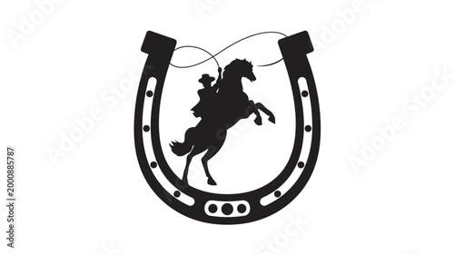 Horse silhouette in horseshoe with jockey racing rider and decorative linework for western racing logo emblem