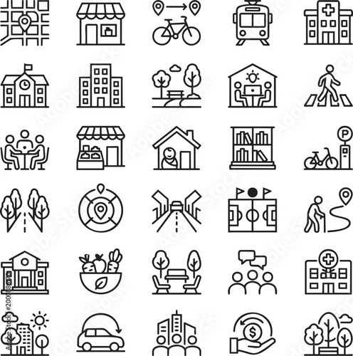 30 15-Minute City Line Icons – Walkable Neighborhoods, Urban Planning, Sustainable Mobility Minimalist Vector Outline Set for UI UX