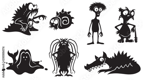 Halloween monster character set with cute cartoon ghosts, zombies, and creatures in black silhouette style