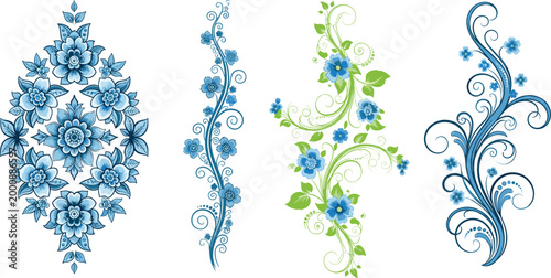 Φωτογραφία Set of elegant blue floral ornaments and decorative vine borders in porcelain st