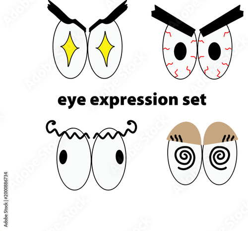 Hand drawn cartoon eyes set with different expressions. Comic doodle vector illustration of dizzy, angry, excited, and suspicious emotions.