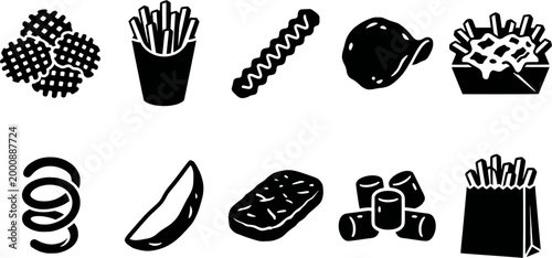 
Black and white handdrawn sketch of savory wavy gridcut potato fries ideal for fast food restaurant menus snack packaging or delicious food blog graphics