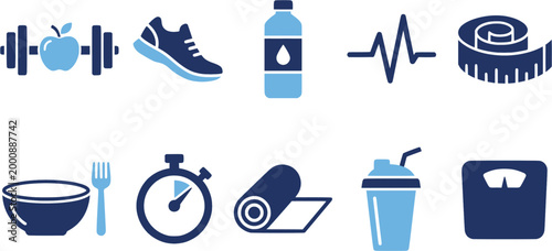 Healthy lifestyle icon combining an apple and a dumbbell, perfect for wellness applications, fitness tracker interfaces, and educational materials about nutrition and exercise.