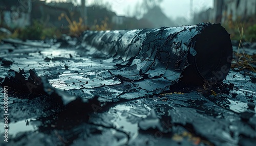 A damaged and brittle sheet of dark rubbery material showing rough and uneven textures, resting on the ground with deep cracks and fragmented pieces scattered across the weathered surface.