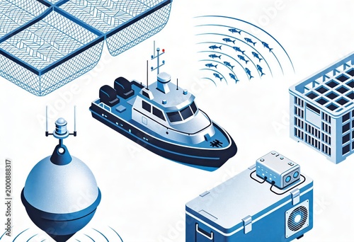 Innovative marine technology featuring an advanced fishing boat, aquaculture systems, and underwater monitoring equipment designed to enhance sustainable fishing practices
