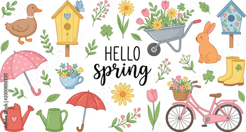 Whimsical Hello Spring collection with garden elements and cute animals