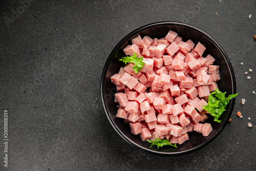 Ham cube shape pork meat tasty snack fresh, delicious, gourmet food background on the table, rustic food, top view, copy space