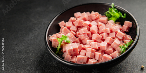 Ham cube shape pork meat tasty snack fresh, delicious, gourmet food background on the table, rustic food, top view, copy space