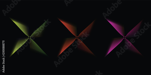Set of abstract geometric wave shapes with colorful gradient line patterns on black background