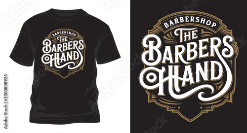 The barbers hand barbershop vintage emblem logo vector t-shirt design.