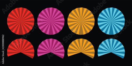 Set of abstract sunburst circles and fan shapes with colorful gradient patterns on black background