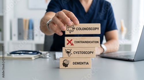 Medical professional discussing colonoscopy and contraindication with wooden blocks on desk in clinic